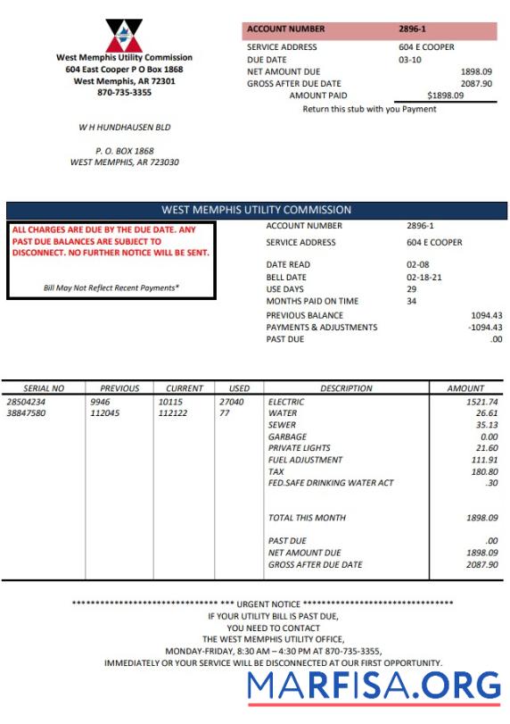 Downloadable USA Arkansas West Memphis utility bill template in Word and PDF format